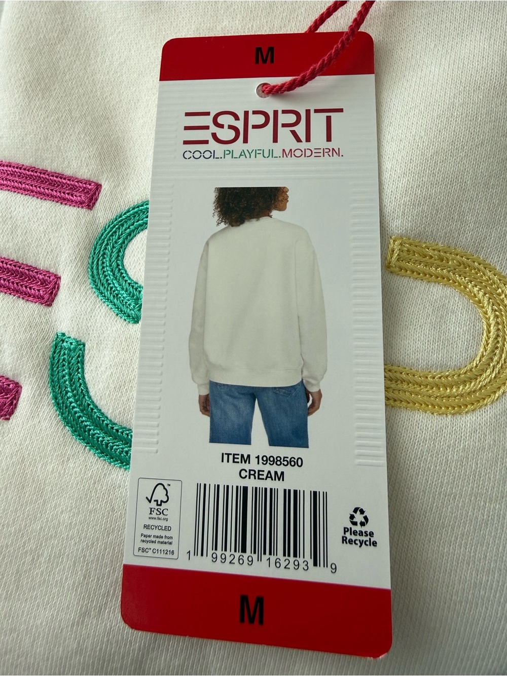 NWT Esprit Cream Logo Fleece Crewneck Sweatshirt Embroidered 80s Retro Viral M - Picture 2 of 10